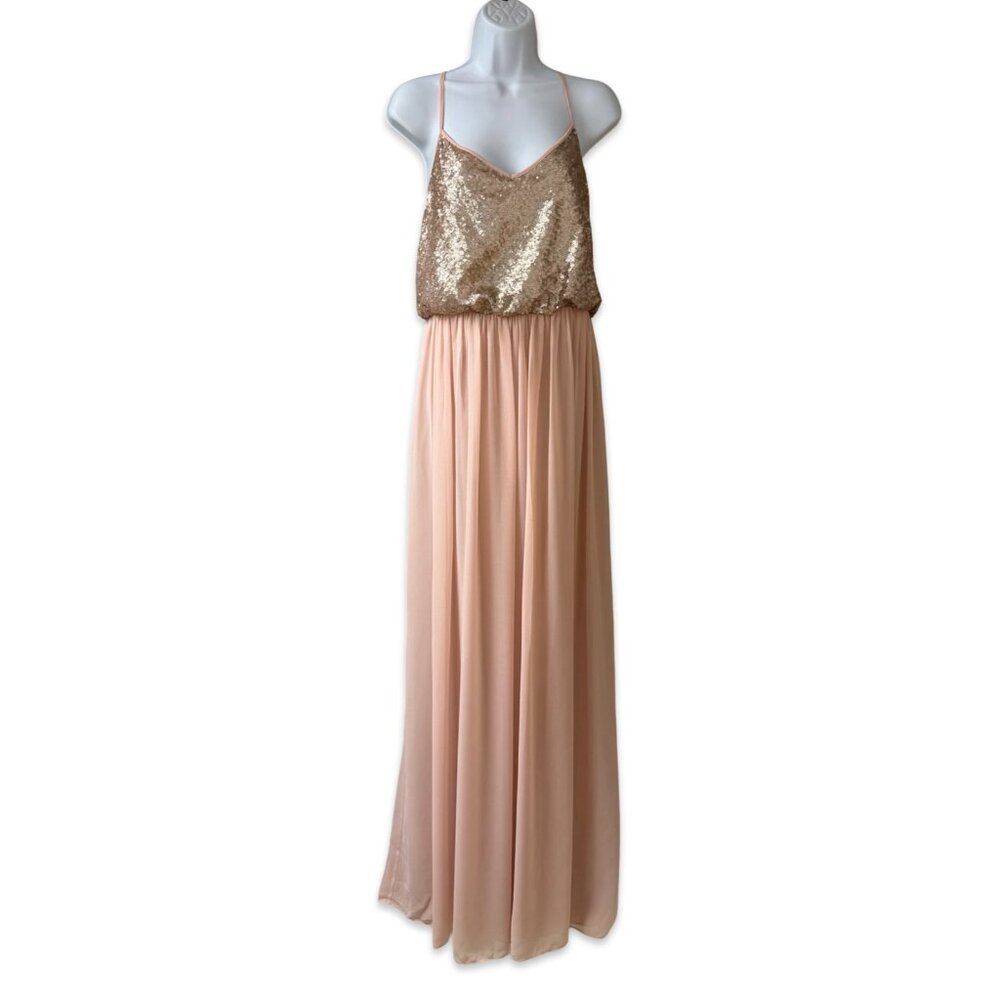 Donna Morgan V-Neck Rose Gold Sequin Chiffon Maxi Dress - Size 12